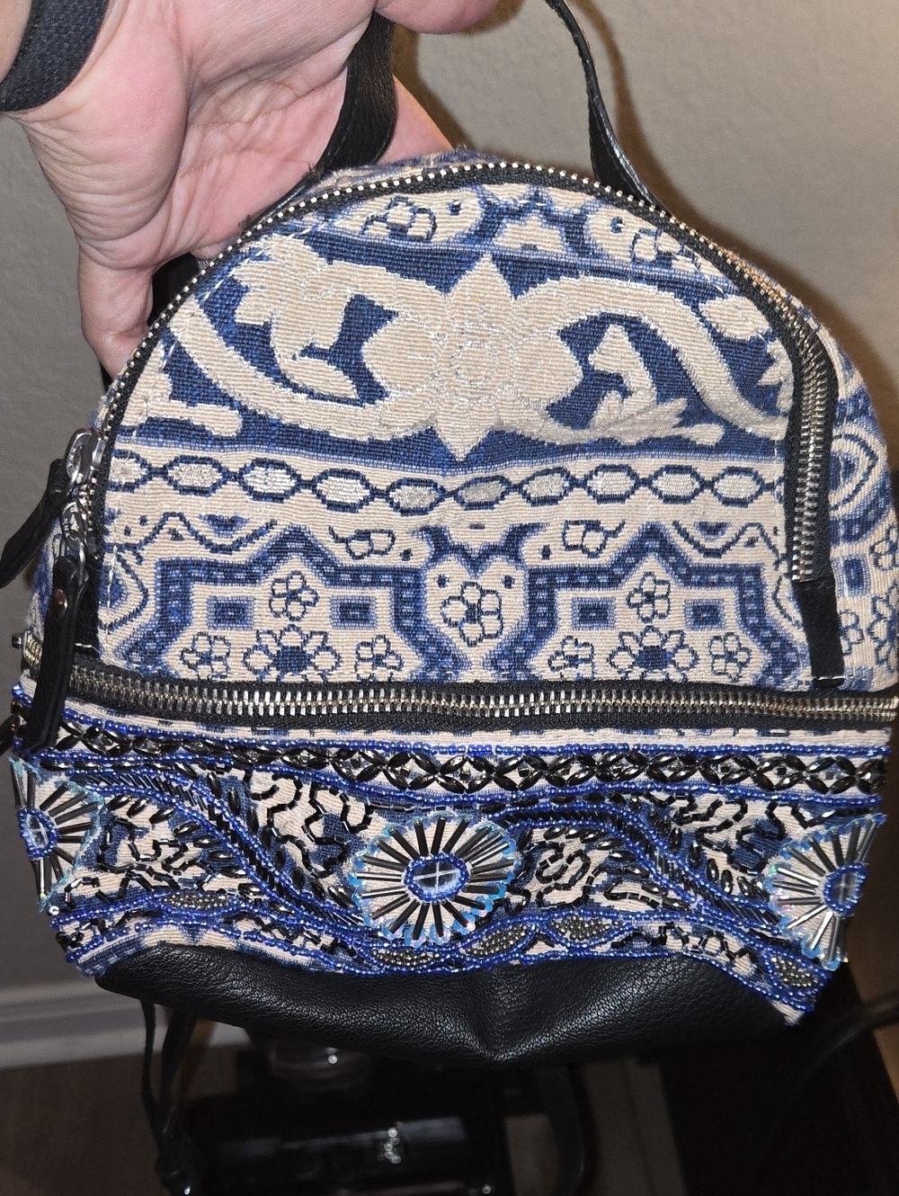Steven by Steve Madden Beaded Kilim Tapestry Mini Backpack Boho Blue Tan Black
